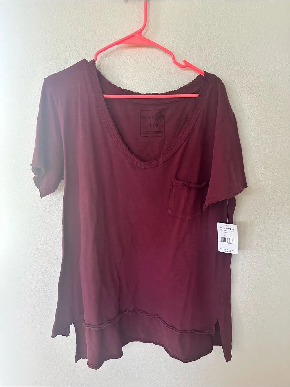 Free People Relaxed V Neck Pocket Tee Burgundy Red Women Size L NWT